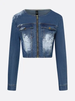 Casual Pockets Plain Crew Neck Denim Jacket