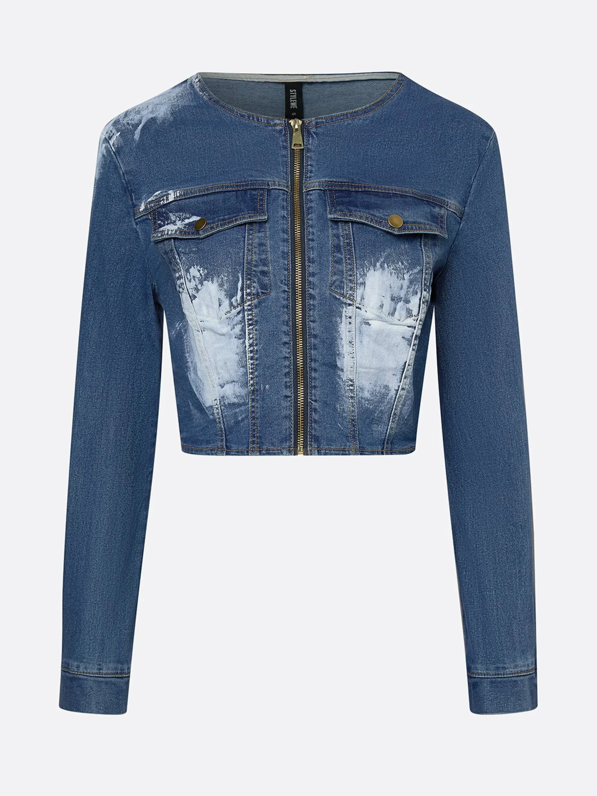 Casual Pockets Plain Crew Neck Denim Jacket