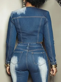 Casual Pockets Plain Crew Neck Denim Jacket