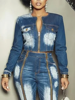 Casual Pockets Plain Crew Neck Denim Jacket