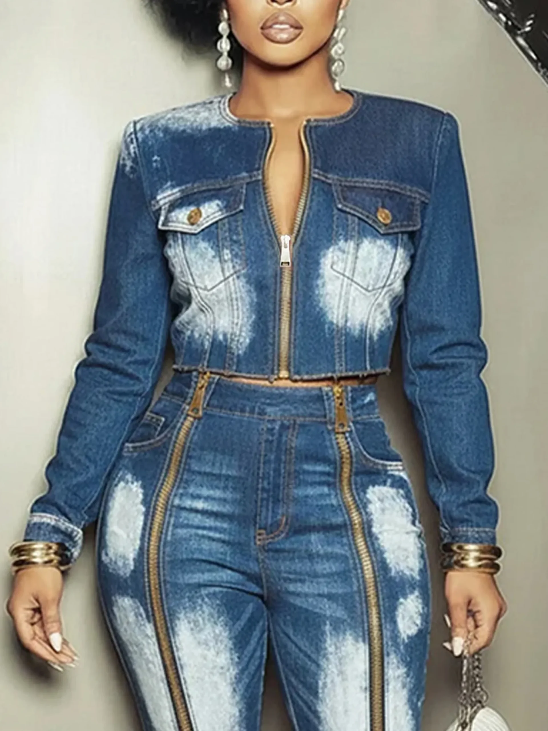 Casual Pockets Plain Crew Neck Denim Jacket