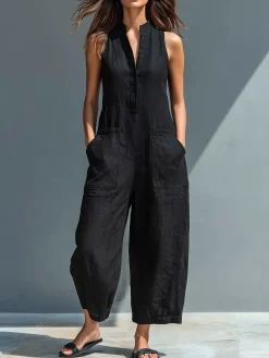 Casual Pockets Plain V Neck Tank Jumpsuit