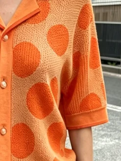 Casual Polka Dots Shawl Collar Loosen Knit Top