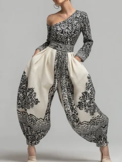 Casual Printed Asymmetrical Off-Shoulder Jumpsuit