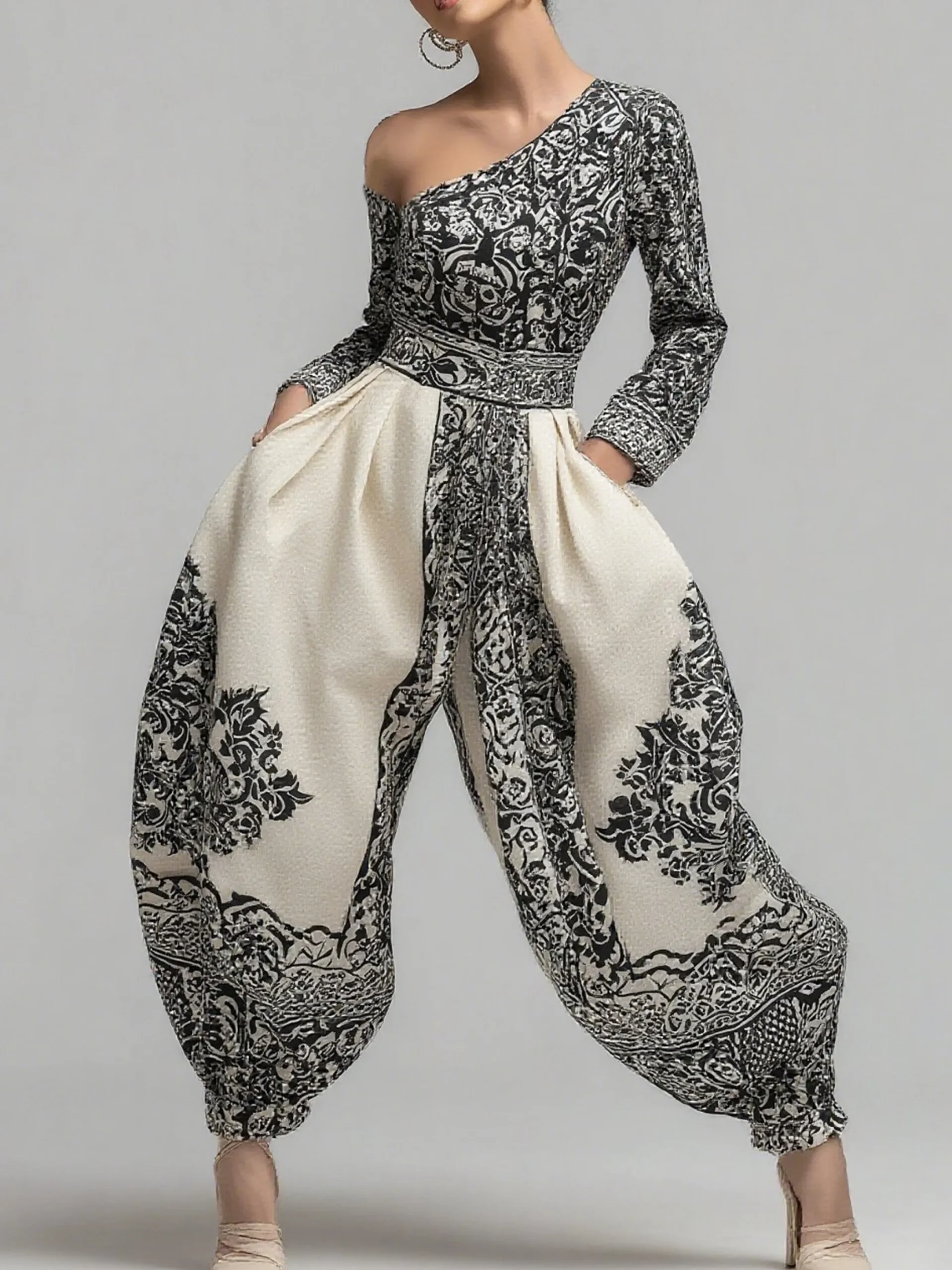 Casual Printed Asymmetrical Off-Shoulder Jumpsuit