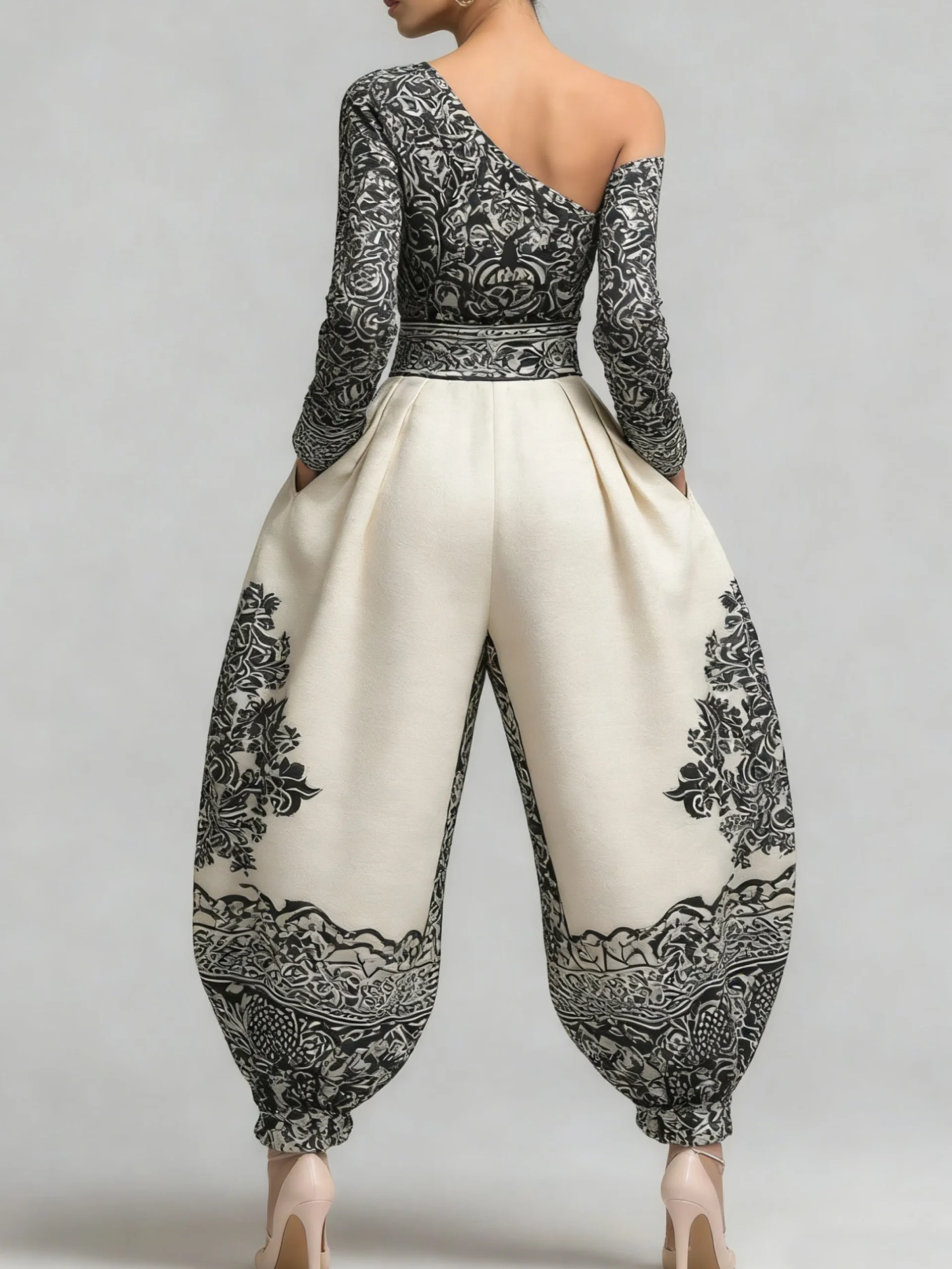 Casual Printed Asymmetrical Off-Shoulder Jumpsuit