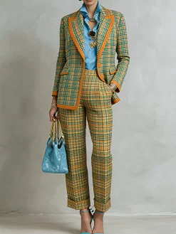 Casual Printing Plaid Lapel Collar Blazer