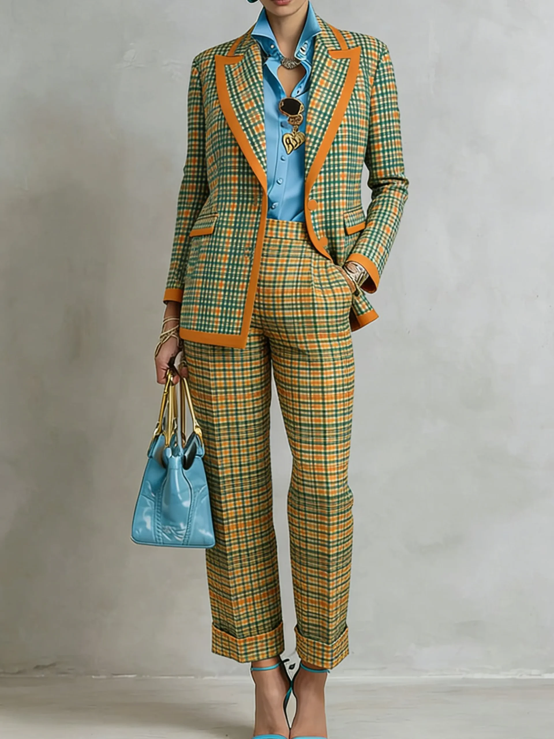 Casual Printing Plaid Lapel Collar Blazer