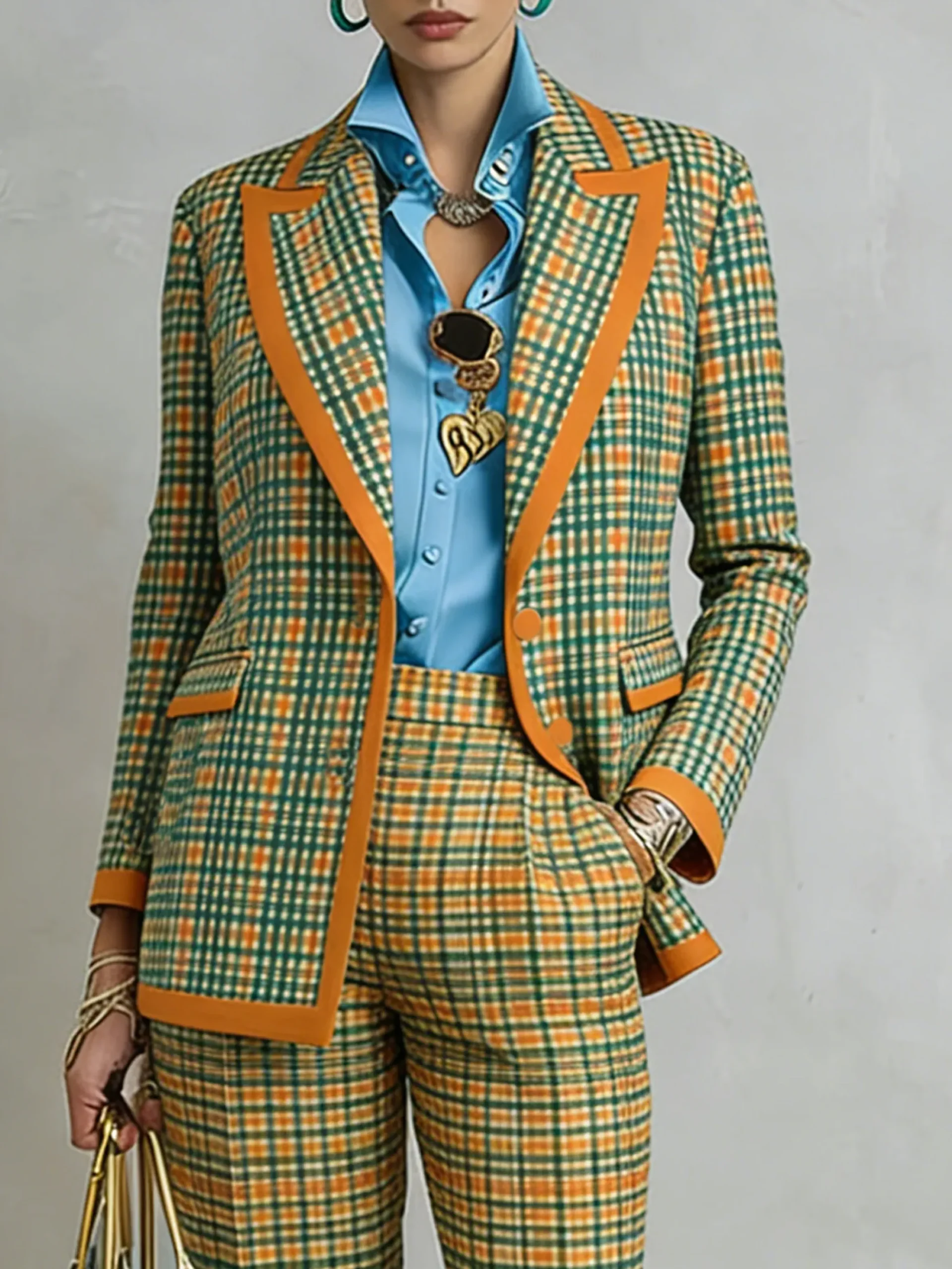 Casual Printing Plaid Lapel Collar Blazer