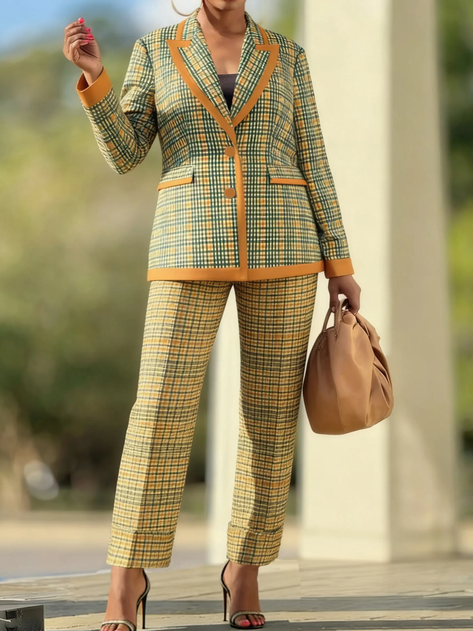 Casual Printing Plaid Lapel Collar Blazer