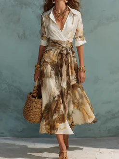 Casual Random Print Midi Skirt With Belt