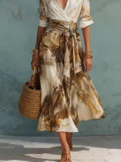 Casual Random Print Midi Skirt With Belt