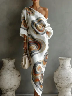 Casual Random Print Printing Cold Shoulder Maxi Dress With Belt