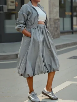 Casual Ruched Plain Midi Skirt