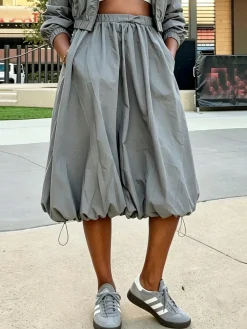 Casual Ruched Plain Midi Skirt