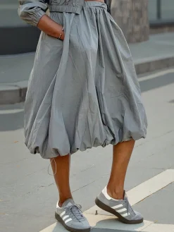 Casual Ruched Plain Midi Skirt