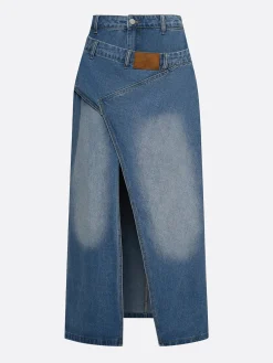 Casual Slit Plain Maxi Denim Skirt