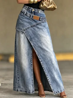 Casual Slit Plain Maxi Denim Skirt