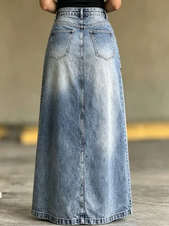 Casual Slit Plain Maxi Denim Skirt