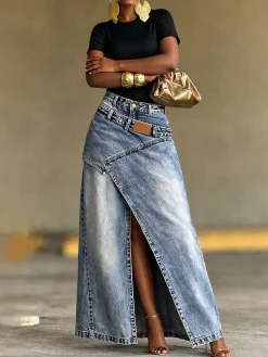 Casual Slit Plain Maxi Denim Skirt