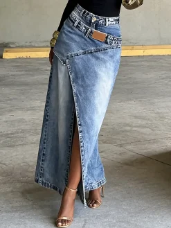 Casual Slit Plain Maxi Denim Skirt