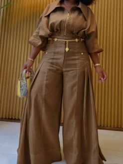 Casual Solid Loose Fit Cotton And Linen Wide Leg Pants for Daily Wear
