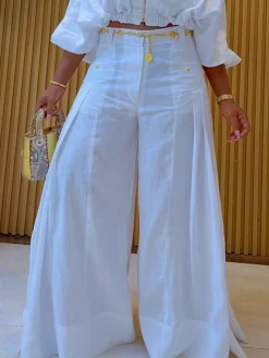 Casual Solid Loose Fit Cotton And Linen Wide Leg Pants for Daily Wear