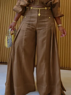 Casual Solid Loose Fit Cotton And Linen Wide Leg Pants for Daily Wear