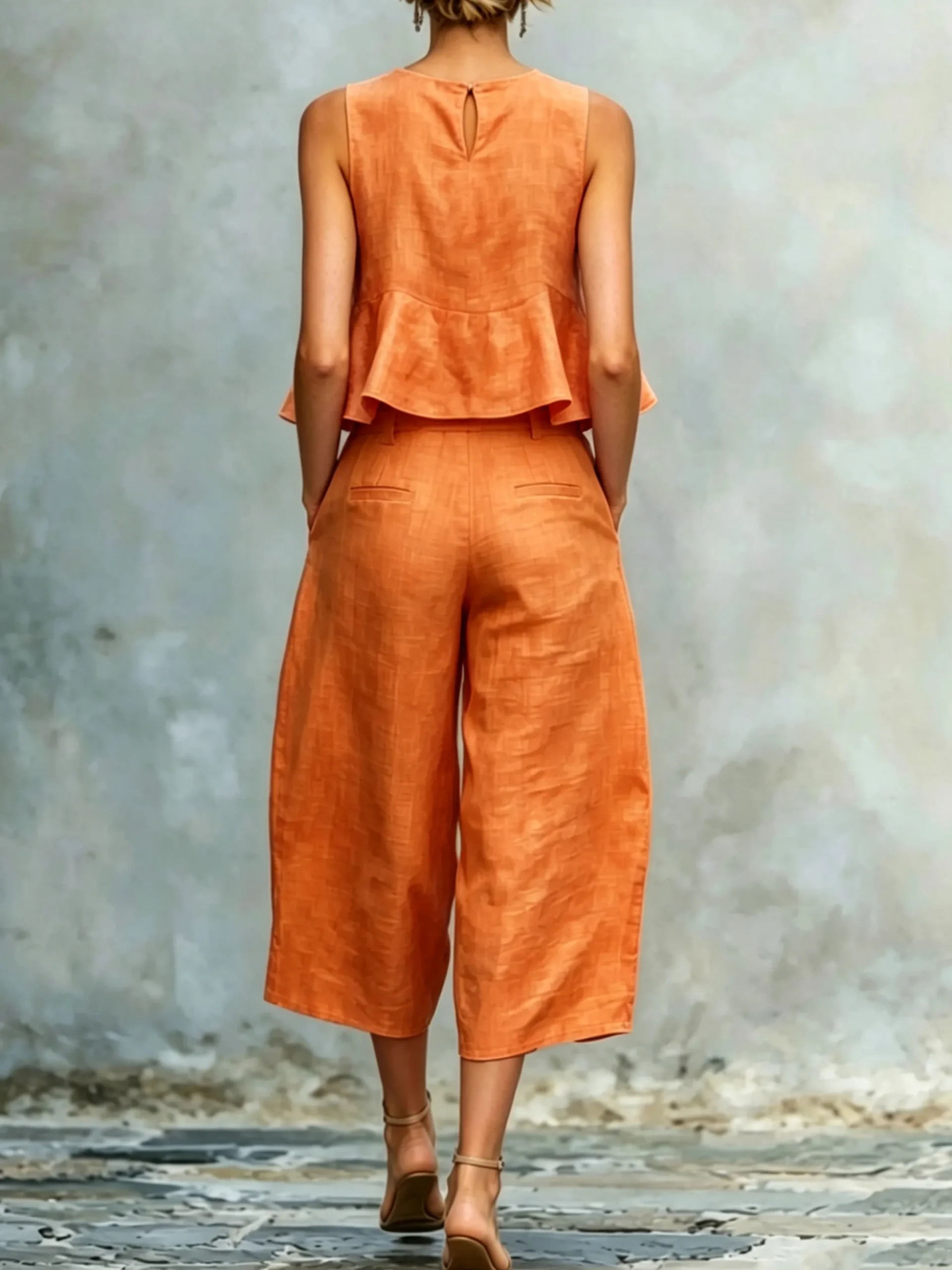 Casual Solid Relaxed Cropped Lace-up Wide Leg Pants