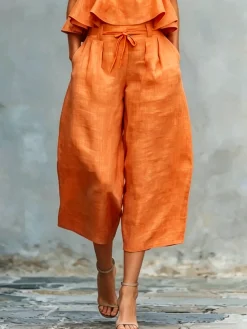 Casual Solid Relaxed Cropped Lace-up Wide Leg Pants