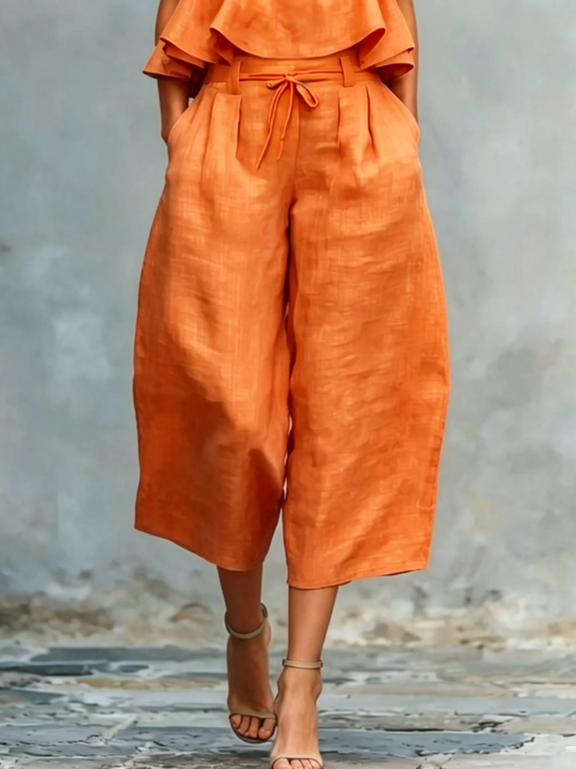 Casual Solid Relaxed Cropped Lace-up Wide Leg Pants