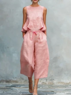 Casual Solid Relaxed Cropped Lace-up Wide Leg Pants