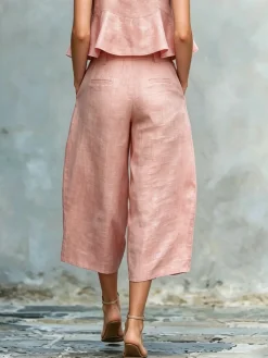 Casual Solid Relaxed Cropped Lace-up Wide Leg Pants