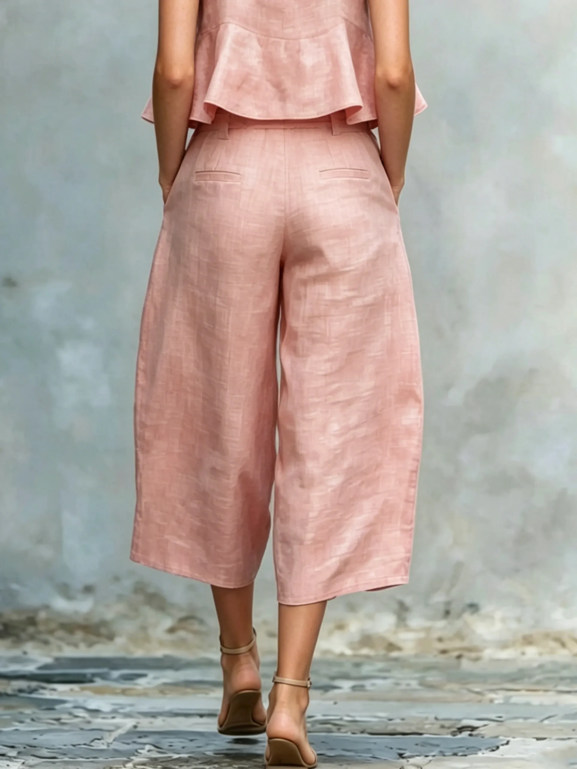 Casual Solid Relaxed Cropped Lace-up Wide Leg Pants