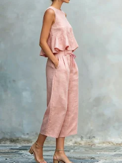 Casual Solid Relaxed Cropped Lace-up Wide Leg Pants