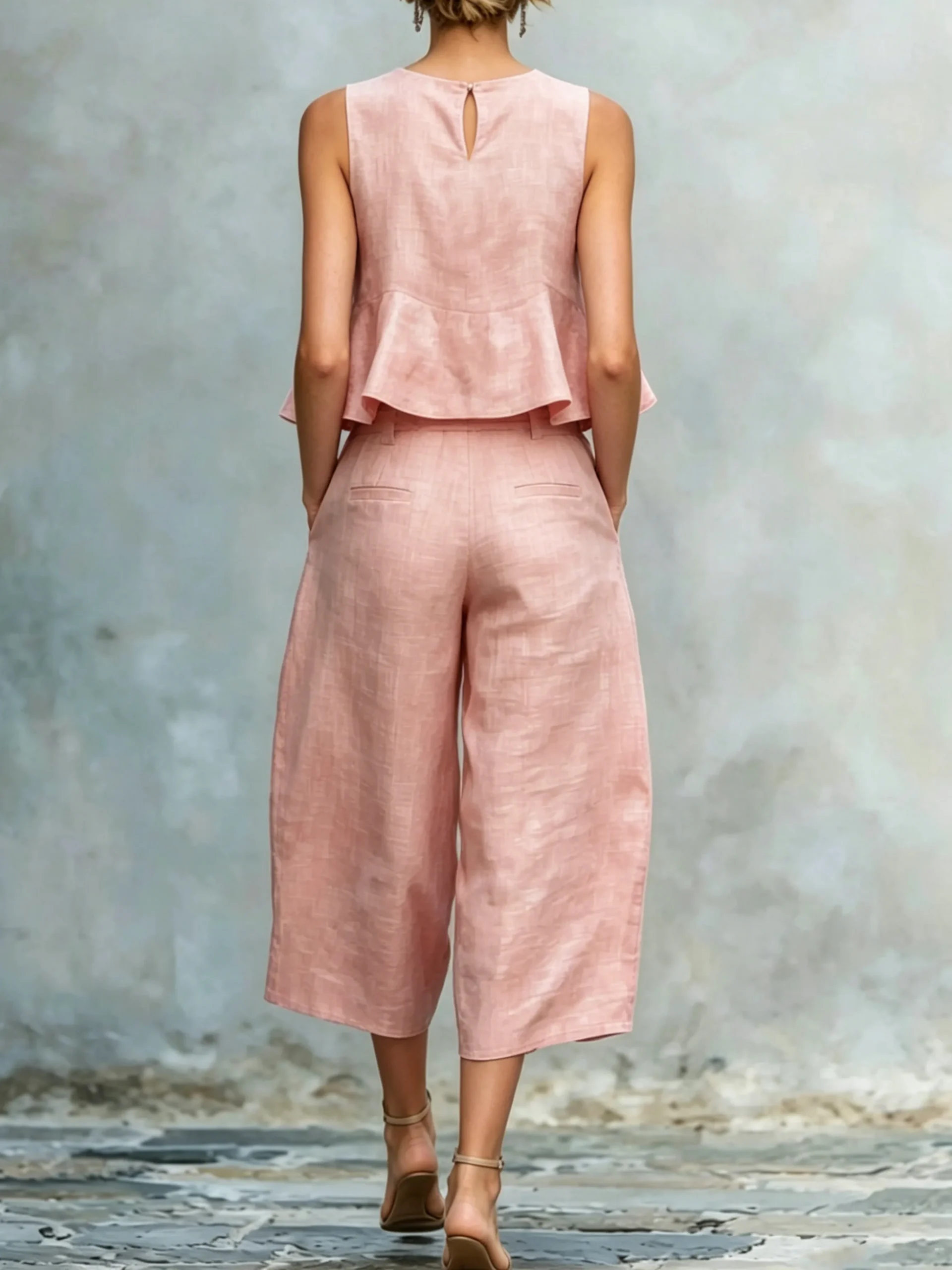 Casual Solid Relaxed Cropped Lace-up Wide Leg Pants
