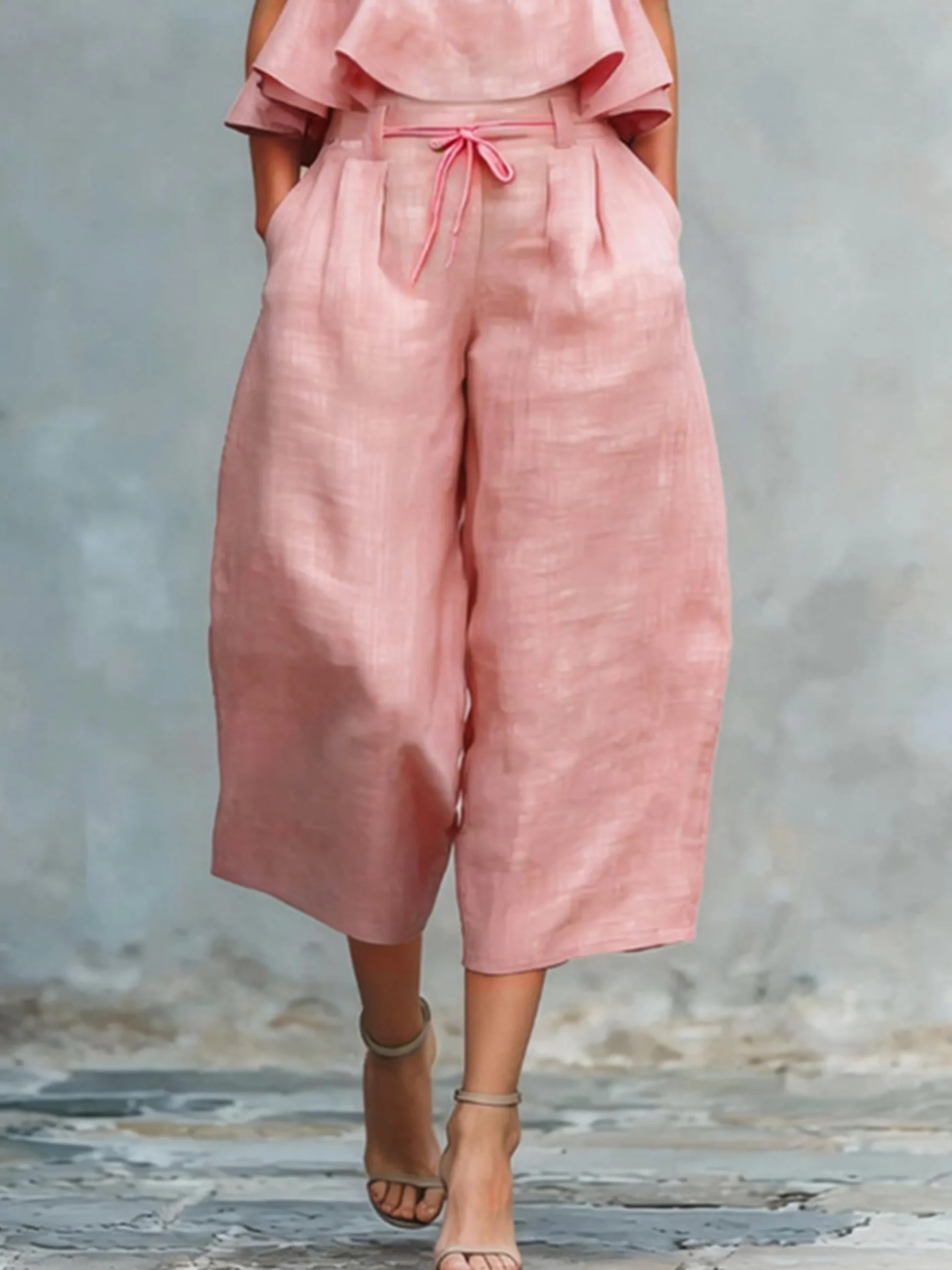 Casual Solid Relaxed Cropped Lace-up Wide Leg Pants
