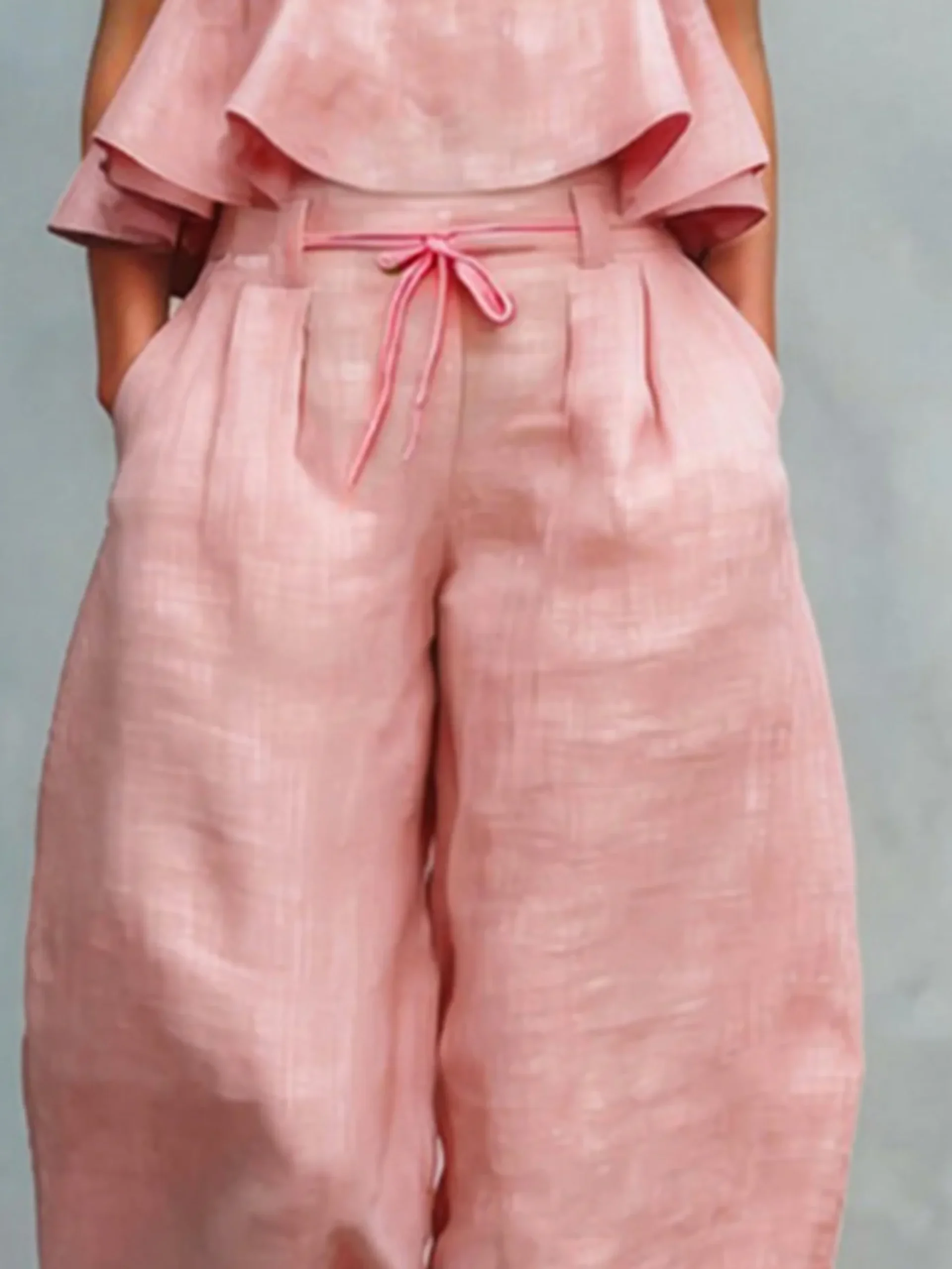 Casual Solid Relaxed Cropped Lace-up Wide Leg Pants