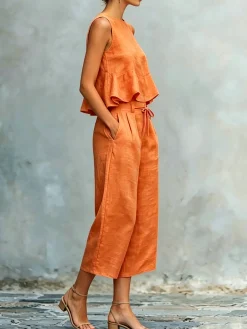 Casual Solid Relaxed Cropped Lace-up Wide Leg Pants