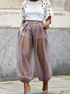 Casual Solid Relaxed Sheer Balloon Pants