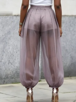 Casual Solid Relaxed Sheer Balloon Pants
