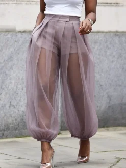 Casual Solid Relaxed Sheer Balloon Pants