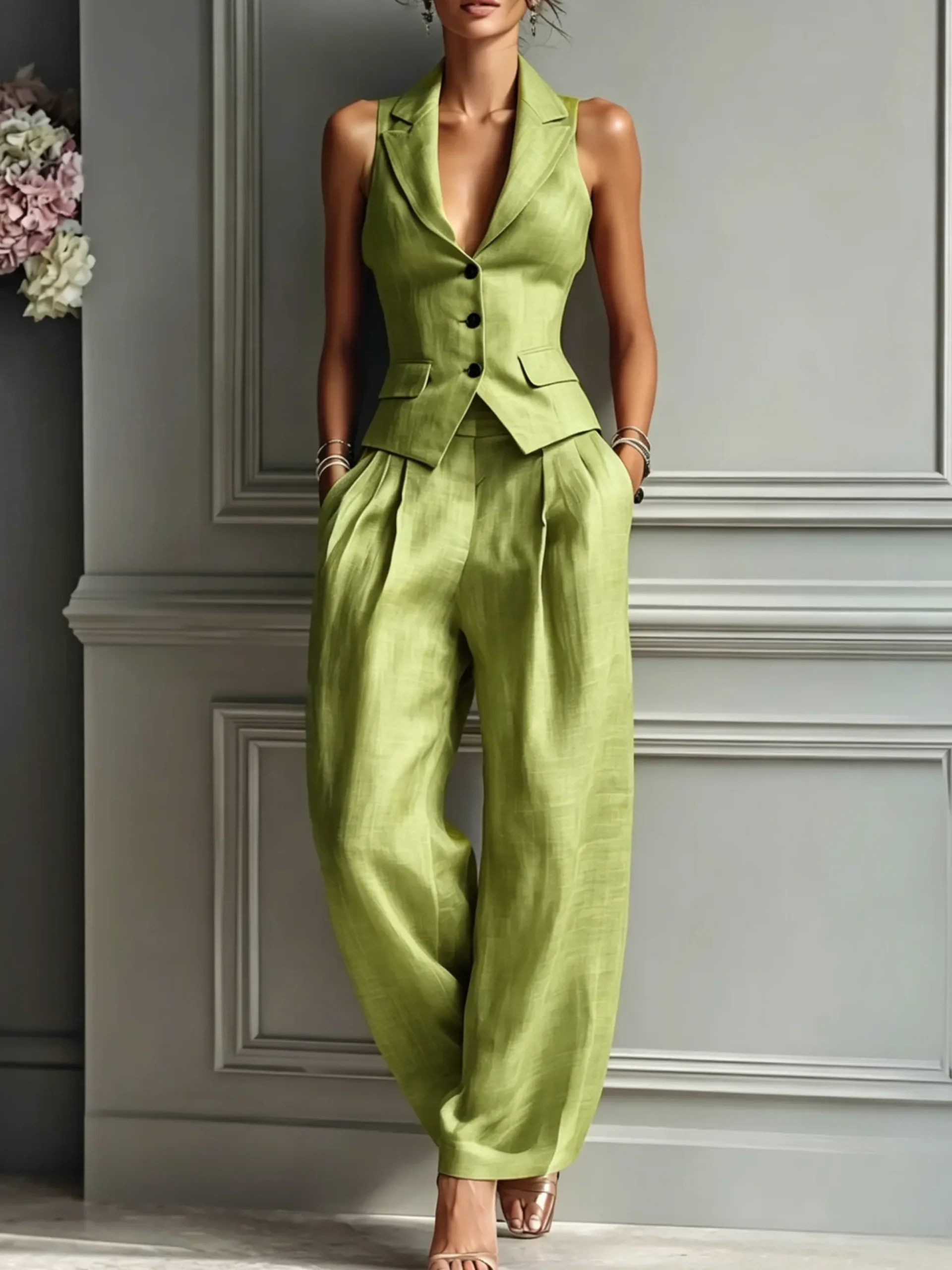 Casual Solid Tailored Lapel Collar Vest