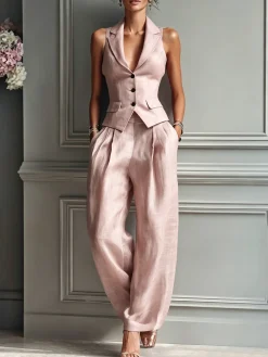 Casual Solid Tailored Lapel Collar Vest