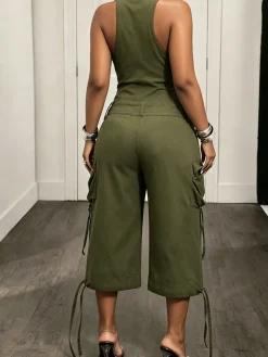 Casual Solid Tailored Sleeveless Cargo Jumpsuit