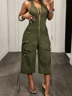 Casual Solid Tailored Sleeveless Cargo Jumpsuit
