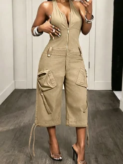 Casual Solid Tailored Sleeveless Cargo Jumpsuit