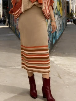 Casual Striped Sweater Midi Skirt