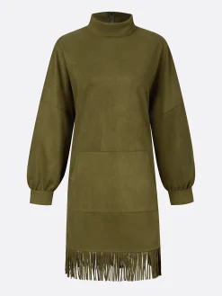 Casual Suede Tassel Hem Balloon Sleeve Mini Dress