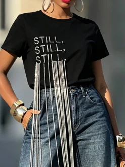 Casual Text Letters Tassel T-shirt